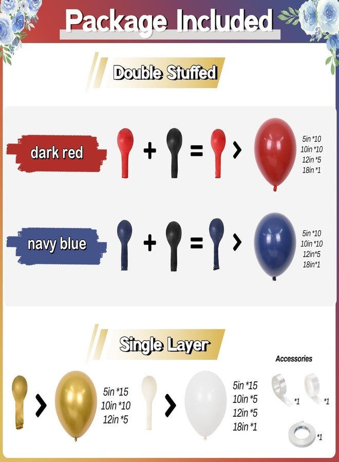 Togvu Red White Blue Balloons Arch Double Stuffed, Navy Blue Dark Ruby Red Balloons Garland kit, Matte White Metallic Gold Latex Balloon for Graduation Birthday 4th Of July Patriot Veterans Day Party Decor - Image 2